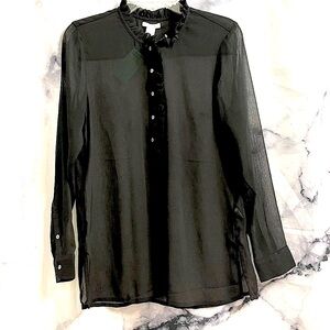 H&M black sheer ruffle front blouse NWT